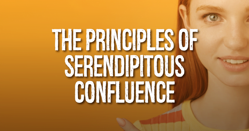 Young red headed woman pointing at the title, "The Principles of Serendipitous Confluence"