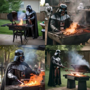 Prompt: Darth Vader barbecuing on the grill and its on fire