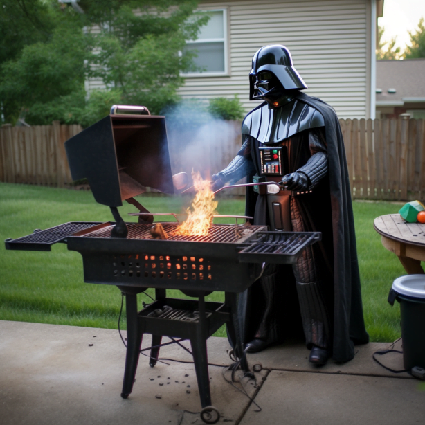 Prompt: Darth Vader barbecuing on the grill and its on fire
