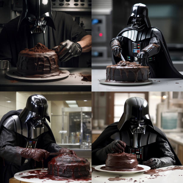 Prompt: Darth Vader frosting a chocolate cake