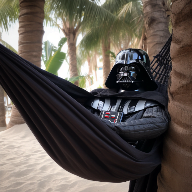Prompt: Darth Vader naps in a hammock under a palm tree
