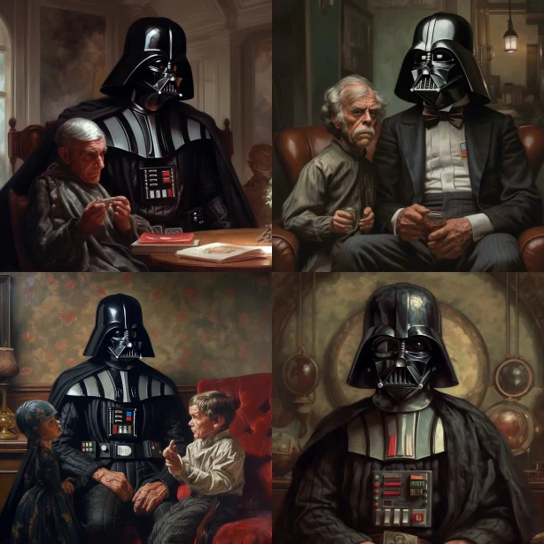 Prompt: Darth Vader painted in the style of Norman Rockwell