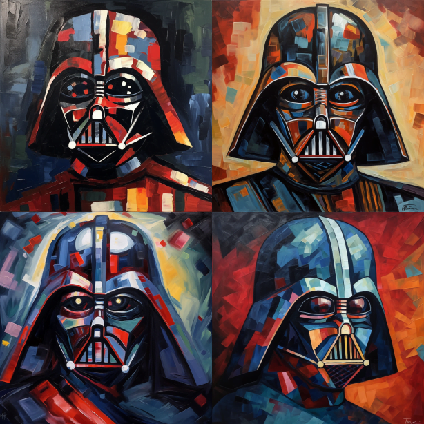 Prompt: Darth Vader painted in the style of Pablo Picasso