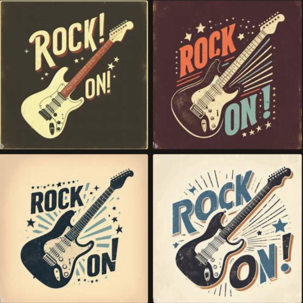 Four vintage electric guitar t-shirt designs with ROCK ON! created in DALL-E 3 using a custom ChatGPT 4 prompt sequence.