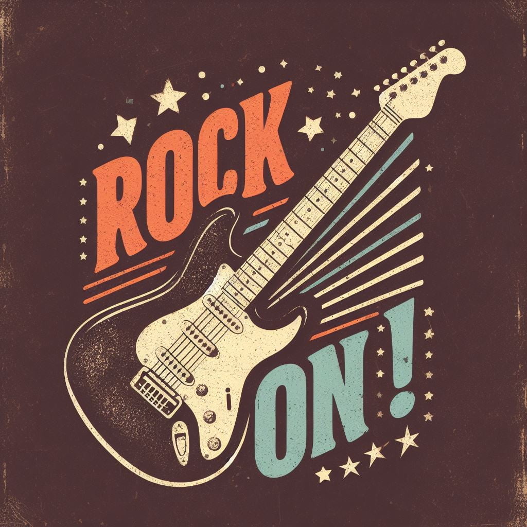 A vintage guitar with the words ROCK ON!  The design was created in DALL-E 3 with a custom prompt set created in ChatGPT 4.