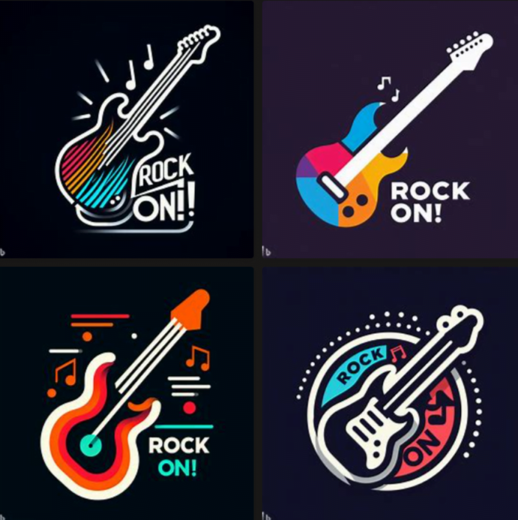 Four colorful electric guitar t-shirt designs with ROCK ON! created in DALL-E 3 using a custom ChatGPT 4 prompt sequence.