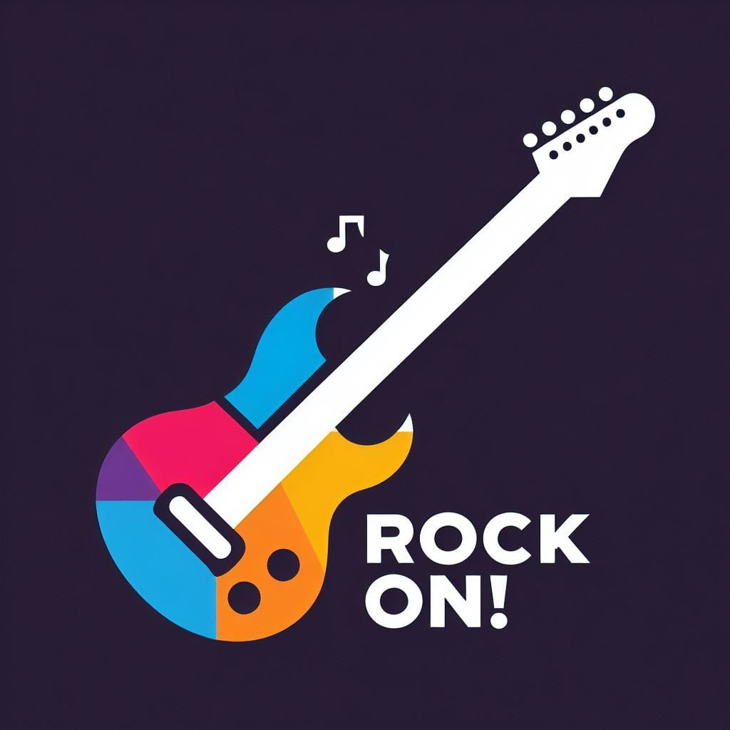 A colorful guitar with the words ROCK ON!  The design was created in DALL-E 3 with a custom prompt set created in ChatGPT 4.