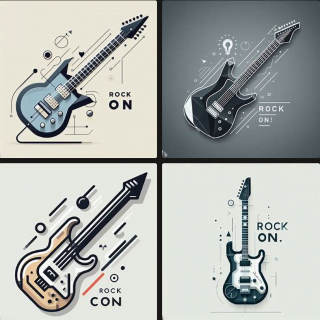 Four geometric guitar t-shirt designs with ROCK ON! created in DALL-E 3 using a custom ChatGPT 4 prompt sequence.