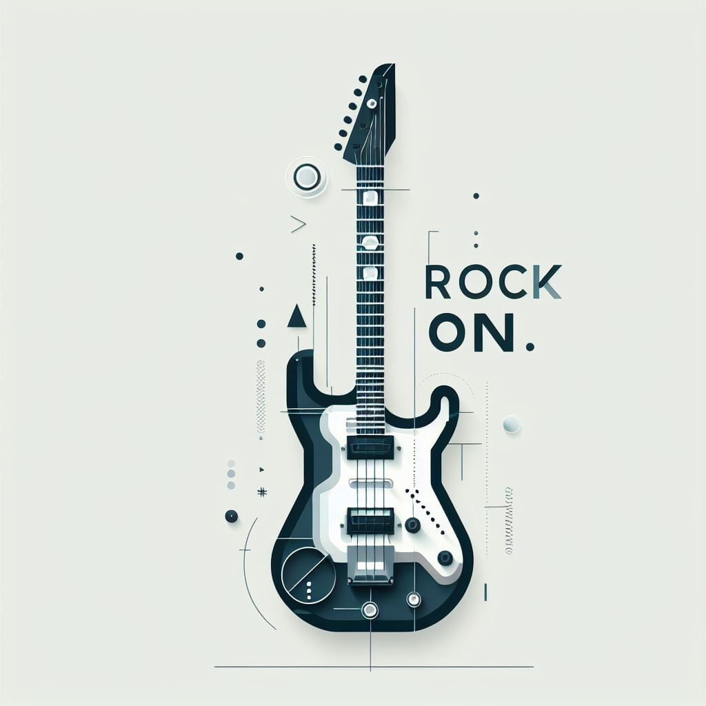 A geometric guitar with the words ROCK ON!  The design was created in DALL-E 3 with a custom prompt set created in ChatGPT 4.