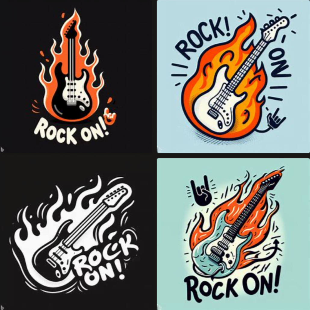 Four flaming electric guitar t-shirt designs with ROCK ON! created in DALL-E 3 using a custom ChatGPT 4 prompt sequence.