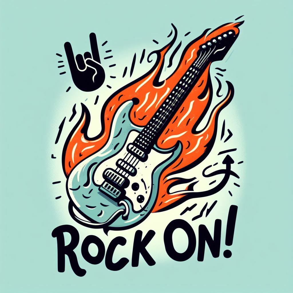 A cartoon style flaming guitar with the words ROCK ON!  The design was created in DALL-E 3 with a custom prompt set created in ChatGPT 4.